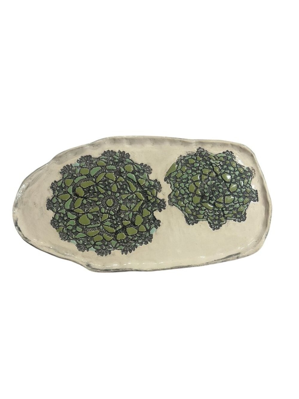 Handcrafted Ceramic Art Tray Green Mosaic Floral Design Textured Signed "LS "